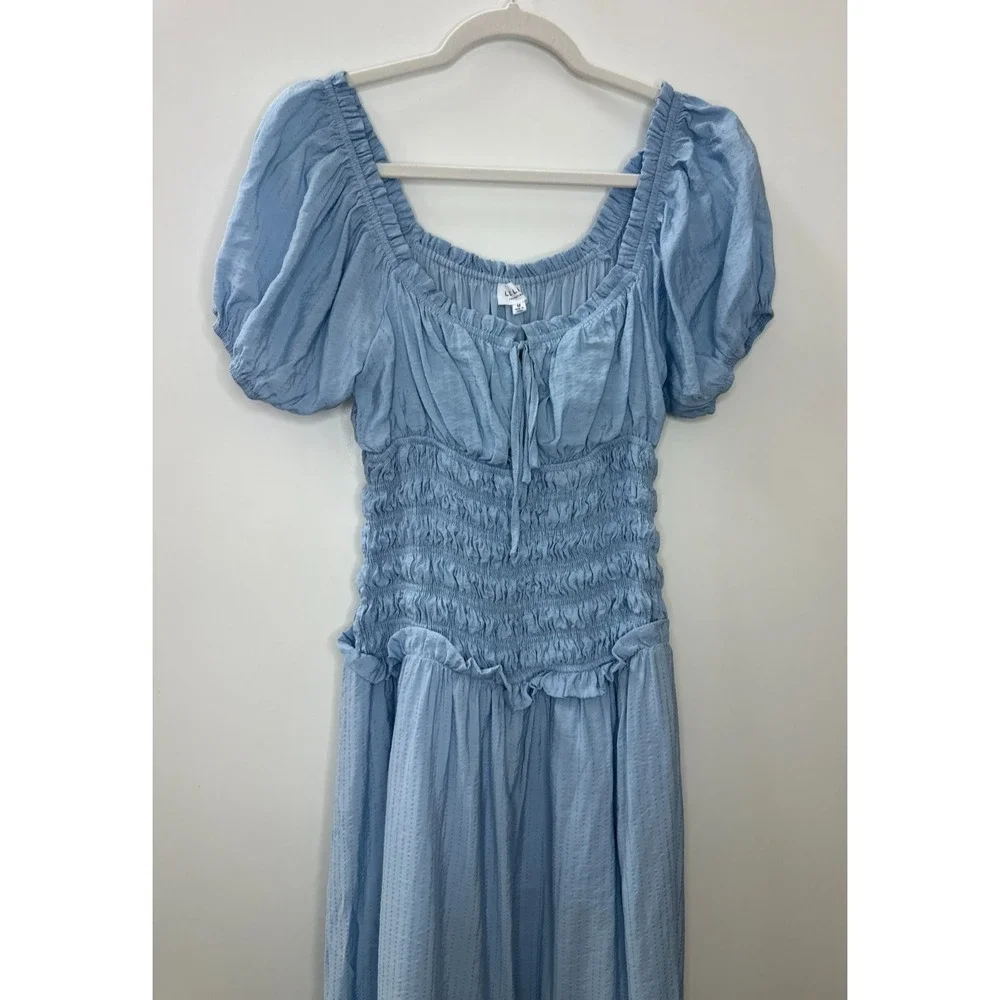LE LIS Light Blue Smocked Puff Sleeve Midi Dress M Milkmaid Cottagecore Coquette - Picture 3 of 16